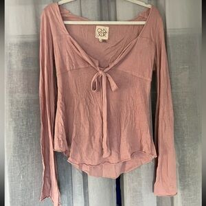 CHASER Front Knot Long Bell Sleeve Light Pink Cutout Top